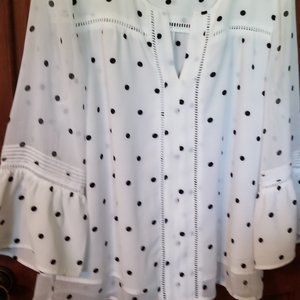 Fever Womens Blouse  White Black Polka Dot Bell Sleeve Top  Sz 12